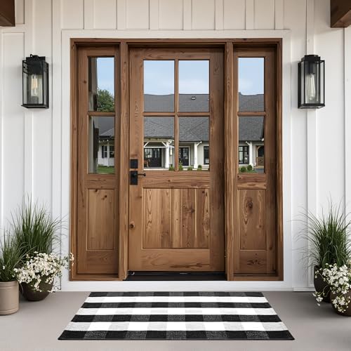 joybest Buffalo Plaid Doormats Rug 27.5 x 43 Inches Black and White Checkered Rug Cotton Hand-Woven Front Doormat Outdoor or Indoor Rugs for Front Porch, Farmhouse, Entryway - size: 2'4" x 3'7" (Rectangular)