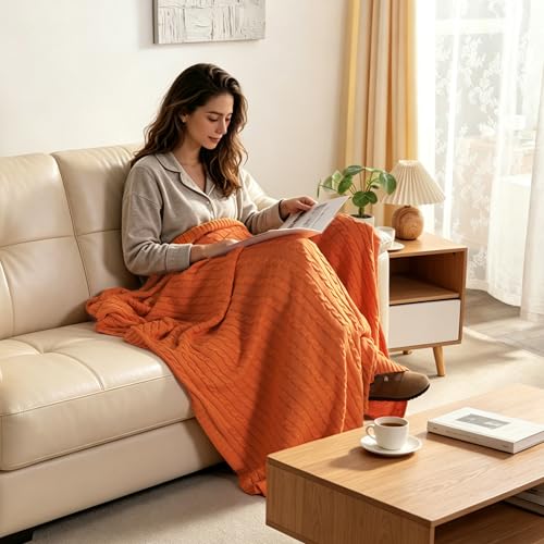 NTBAY 100% Pure Cotton Cable Knit Throw Blanket, Super Soft Warm 51x67 Knitted Throw Blanket for Couch, Sofa, Chair, Bed - Extra Cozy, Machine Washable, Comfortable Home Decor, Orange - color: Orange, size: Throw(51"x67")