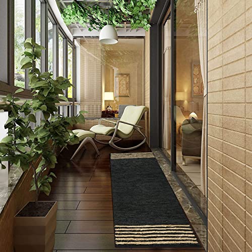 GRUHUM Jute Runner Rug 2'6"x10' ft Natural Fiber Leather Black Jute Area Rug Handwoven Boho Farmhouse Braided Rustic Vintage Ecofriendly Indoor Rugs for Kitchen Living Room Bedroom Hallways Entryways - color: Natural Black- 20, size: 2'6" x 10' (Rectangul