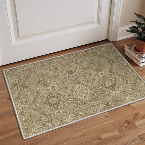 GENIMO Area Rug 2x3 Doormat, Machine Washable Low Pile Rugs, Small Retro Entryway Mat for Entrance, Hallway, Kitchen and Corridor, Tan Brown - color: Brown Tan, size: 2' x 3' (Rectangular)