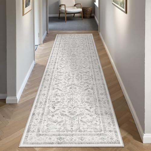 PureCozy Grey 2x5 Runner Rug Vintage Area Carpet Hallway Indoor Kitchen Washable Low Pile Traditional Distressed Retro Accent Throw Rug Non Slip for Laundry Bathroom Office - color: Neutral Grey, size: 2' x 5' (Runner)