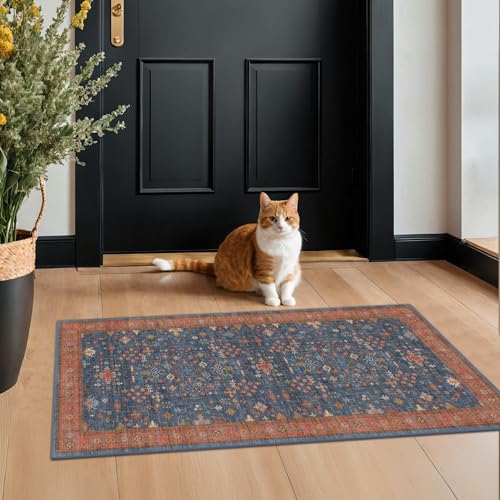 Hazo Haus Washable 2x4 Entry Rug Front Door Indoor, Farmhouse Small Area Rugs for Kitchen, Bathroom, Entrance, Non Slip Rubber Backed, Perfect for Boho Décor (2x4 Navy Blue) - color: Blue / Terracotta, size: 2' x 4' (Rectangular)