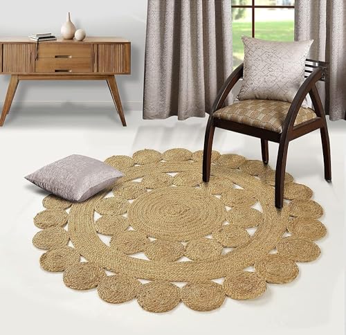 GRUHUM Jute Area Rug 6 ft Round - Natural Handmade Boho Farmhouse Soft Braided Beige Rustic Vintage Reversible Eco Friendly Rug for Indoor Kitchen Bedroom Living Hallways Enterways - 6' ft Circle - color: Natural- 29, size: 6' (Round)