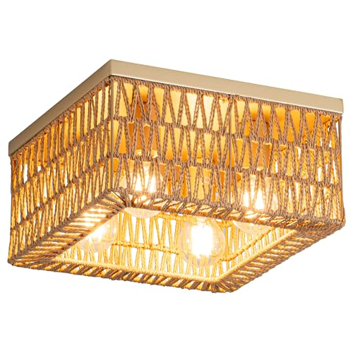 Rpzloila Rattan Ceiling Light, 4-Light Boho Light Fixture, Square Flush Mount Ceiling Light for Bedroom, Hallway, Entryway, Kitchen, Living Room - color: Gold, size: 4-Light-Square