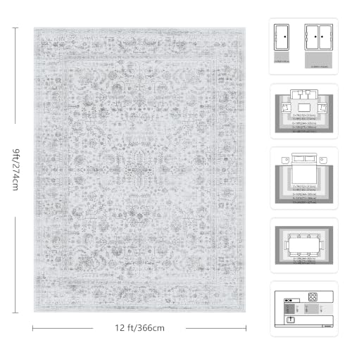 9x12 Area Rugs for Living Room, Washable Vintage Retro Floral Rug, Low Pile Non Slip Distressed Large Carpet for Bedroom, Dining Room, Office, Home (Grey) - color: A-grey, size: 9' x 12' (Rectangular)