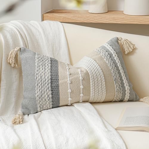 BlissBlush Decorative Lumbar Throw Pillow Cover 12x20 Boho Gray Accent Cushion for Couch Sofa Farmhouse Pillowcase for Bedroom Living Room Home Décor Cover ONLY - color: Gray, size: 20" x 12" (Pack of 1)