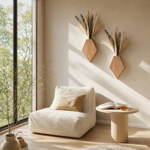 2 Pcs Bohemian Wooden Wall Planter Set with Pampas Grass Modern Farmhouse Wall Decor for Living Room, Bathroom, Bedroom, Office (Original Wood Color,Natural Style) - color: Original Wood Color, style: Natural Style