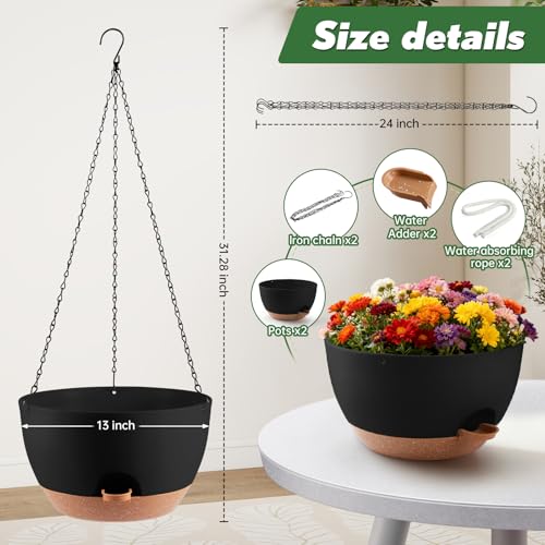 13-inch Oversized Hanging Planter Set of Two,Planters for Indoor and Outdoor Plants.Place Plant pots Across Diverse Settings Including windowsills,Living Room,and Gardens.Black-Brown - color: Black 2 Pack, size: 13 inch