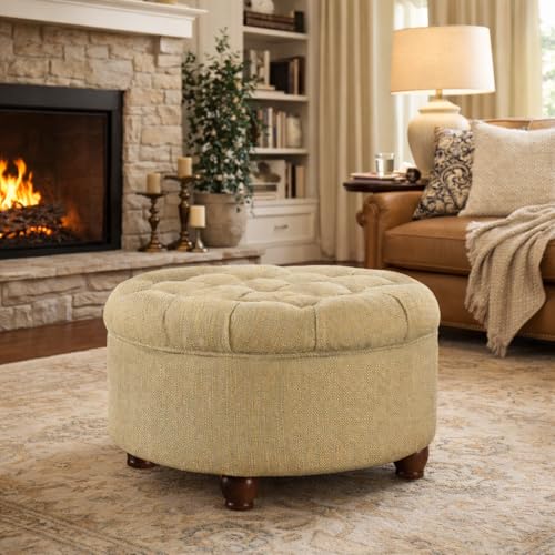 HomePop 25" Button Tufted Round Storage Ottoman - Tan & Cream Tweed - color: Tan and Cream Tweed