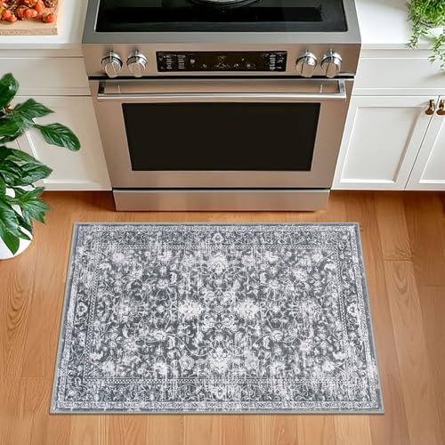 KILOCOCO Moroccan Small Area Rug 2x3 Entryway Rugs Printed Vintage Floral Washable Rug Non-Slip Kitchen Rug Indoor Door Mat, Accent Throw Small Rugs for Laundry Room Bedroom Entrance, Grey - color: Grey/White, size: 2' x 3' (Rectangular)