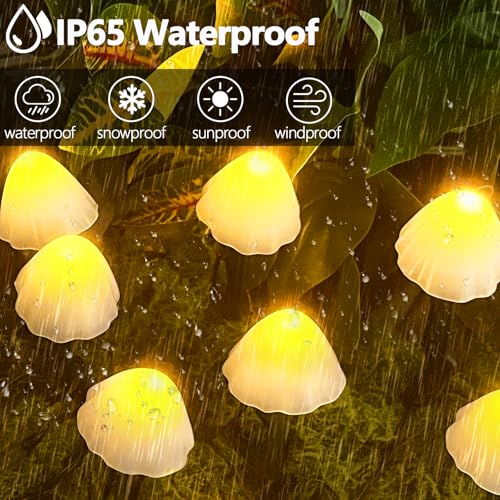 OZS 2PK 32LED 55FT Mushroom Solar Garden Lights Outdoor, Solar String Lights Waterproof with 8 Lighting Modes, Solar Garden Decor for Outside, Pathway Light for Yard Decoration (Warm White) - color: Mushroom-Warm White