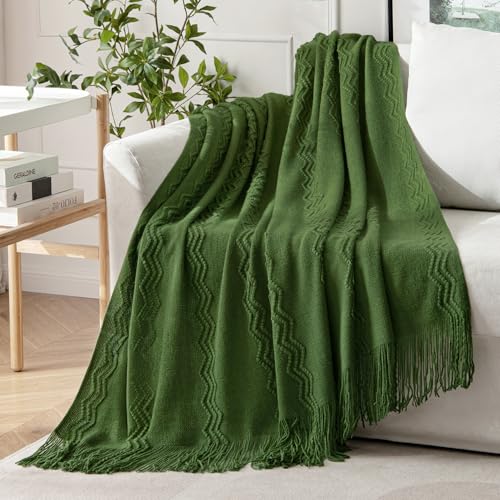 MIULEE Olive Green Knitted Throw Blanket for Couch Boho Textured Cozy Woven Blanket with Tassels for Sofa Chair Bed Living Room Spring Acrylic Wave Pattern 50"x60" - color: Olive Green, size: 50" x 60"