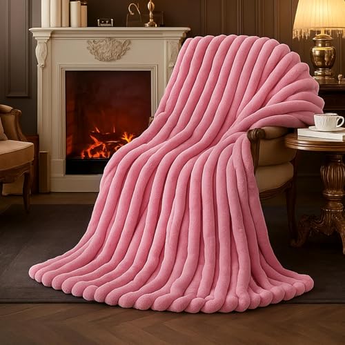 Amélie Home Faux Fur Throw Blanket for Couch, Cozy Fuzzy Fluffy Fur Luxurious Soft Striped Plush Gift Blankets for Family Sofa Chair Bedroom, 55"x70", Pink - color: Striped Hot Pink, size: Throw(55"x70")
