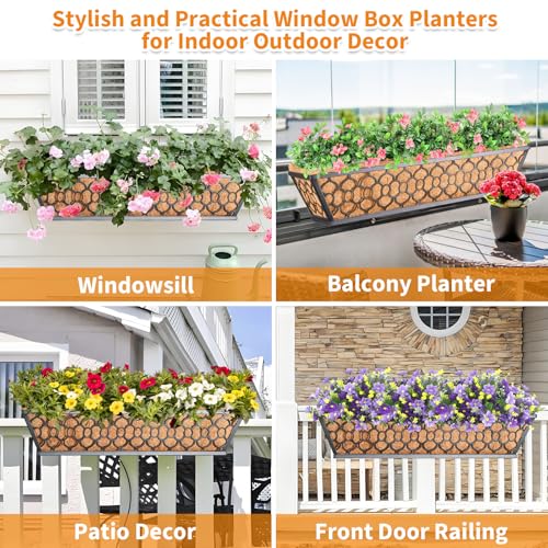 Riare 2 Pack 24 Inch Window Boxes Planters with Coco Liner, Metal Deck Railing Planter Boxes, Balcony Planters Railing Hanging, Horse Trough Window Flower Planter Boxes for Outdoor Porch Fence Patio - size: 24Inch