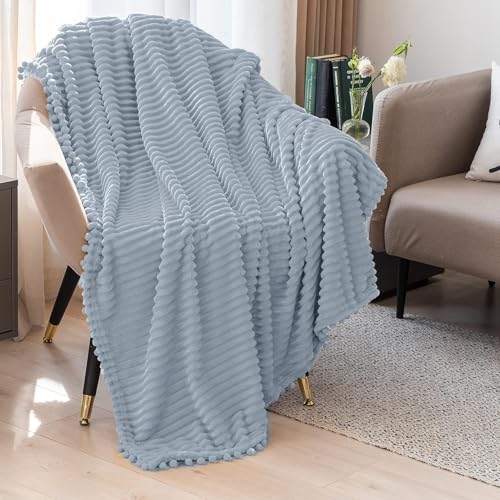 DISSA Fleece Blanket Twin Size – 60x80, Grey – Soft, Plush, Fluffy, Fuzzy, Warm, Cozy – Perfect Throw for Couch, Bed, Sofa - with Pompom Fringe - Flannel Blanket