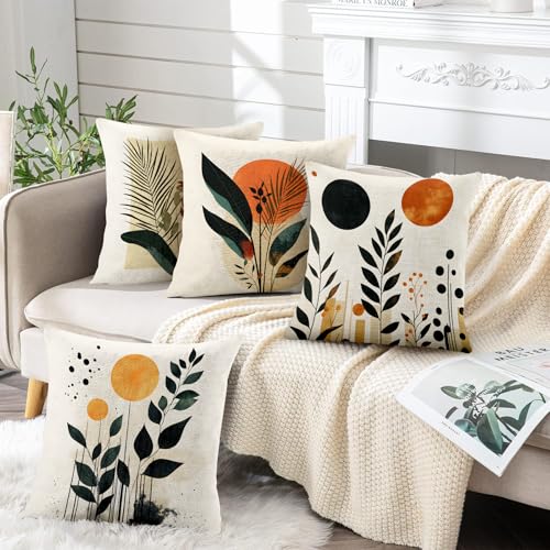 BVBOX Set of 4 Throw Pillow Covers 18"x18", Double-Sided Decorative Pillow Cases, Soft Flax/Short Plush Pillow Covers for Bed, Sofa, Couch, Living Room, Bedroom (Flax, Branches and Leaves) - color: Branches and Leaves