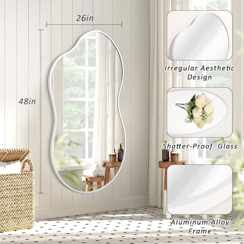 JJUUYOU Mirrors for Wall Metal Framed Decorative Irregular Large Mirrors 26"x47" Asymmetrical for Bathroom Bedroom Living Room Dressing Room Entryway White - color: White, size: 47"L x 26"W