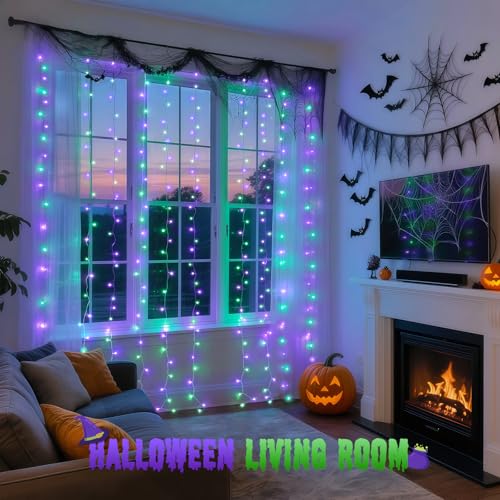 JMEXSUSS 300LED Halloween Curtain Lights with Remote, 9.8x9.8ft Halloween Lights Plug in, Christmas Twinkle Hanging String Light for Bedroom Wall Window Backdrop Indoor Outdoor Decor, Purple and Green - color: Purple ann Green, size: 300 LED