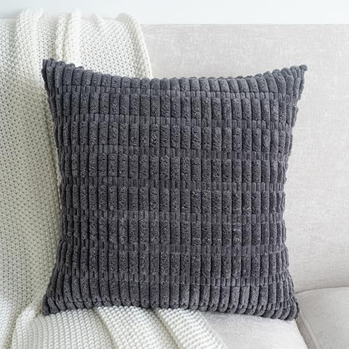 Pack of 2 Corduroy Decorative Throw Pillow Covers 18x18 Inch Soft Boho Striped Pillow Covers Modern Farmhouse Home Decor for Sofa Living Room Couch Bed Dark Grey - color: Dark Grey, size: 18" x 18" (Pack of 2)