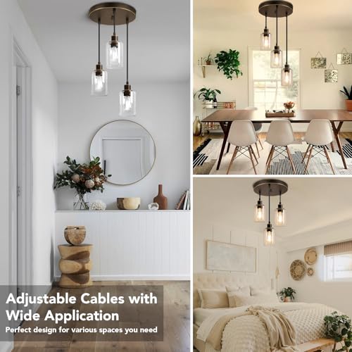 MAXvolador Industrial 3-Light Pendant Light, Adjustable Hanging Light Fixture with Clear Glass Shade, Pendant Lighting E26 Base Ceiling Lamp, Oil-Rubbed Bronze - color: Oil-Rubbed Bronze