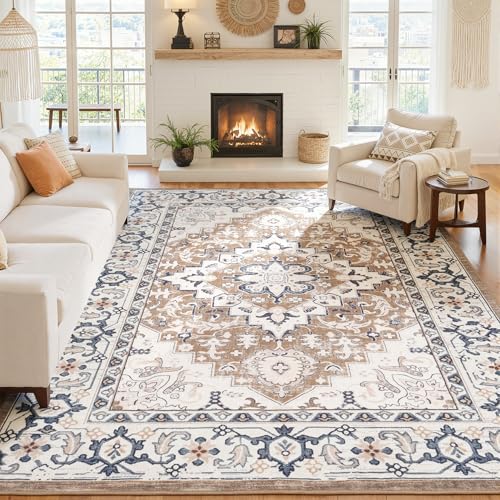 8x10 Area Rugs for Living Room, Floral Vintage Washable Rugs, Soft Boho Non-Slip Low Pile Carpets, Large Area Rug for Dining Room Bedroom Farmhouse Home Indoor Nursery, Brown Cream - color: Brown Cream, size: 8' x 10' (Rectangular)