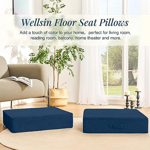 Wellsin Solid Square Floor Pillows for Adults Kids - Large Meditation Floor Pillow Seating Cushion with Thick Foam & Washable Velvet Cover, 2 Pack, 22x22x5 Inch, Dark Blue - color: Navy Blue, size: 2 Pack (22"x22")