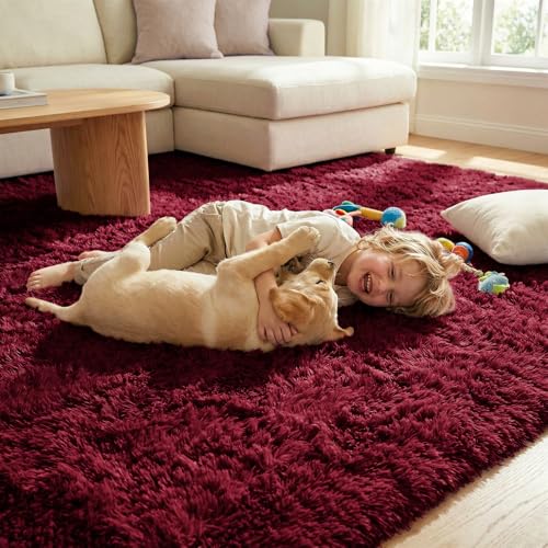 DweIke Fluffy Burgundy Red Rugs for Bedroom Living Room, 3x5 Feet Soft Plush Shaggy Wine Maroon Girls Boys Kids Rug, Non-Slip and Machine Washable Carpet for Dorm Nursery Classroom Decor - color: Wine Red, size: 3 Ft X 5 Ft