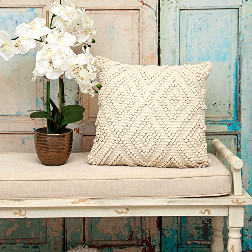 Parkland Collection LIDA 20x20 Off-White Boho Throw Pillow, Hand Woven Textured Cotton Tufted Geometric Accent Cushion with Insert