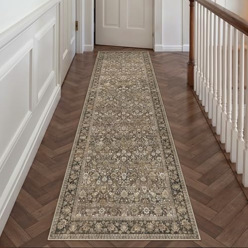 HUGEAR 2x10 Runner Rug Machine Washable Brown Hallway Area Rug Indoor Accent Rug Floral Low Pile Carpet Soft Throw Rug Bedroom Living Room Office Dining Room Kitchen Laundry Room Non Slip - color: Floral | Brown, size: 2' x 10' (Runner)