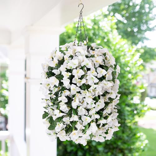 Faux Bougainvillea Artificial Flowers for Outdoors Fake Plants Outside Decoration, 2 PCS White Faux Flowers UV Resistant Look Real Silk Long Trailing Vines for Front Door Porch Planter Patio Garden - color: White