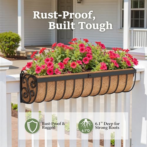 VOXOR Railing Planter Boxes, 30 Inch Window Boxes Planters, Balcony Planters with Adjustable Brackets & Coco Liner for Outdoor Fence, Deck, Porch, and Patio Gardening, 2 Pack - size: 30 Inch
