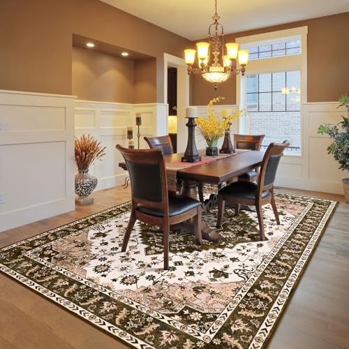 Amearea Vintage Design Area Rugs for Living Room, 4x6 Machine Washable Floral Collection Traditional Bedroom Rug, Low Pile Cute Kids Room Print Carpet, No Slip Office Kitchen Home Decor, Brown - color: Brown, size: 4' X 6' (Rectangular)