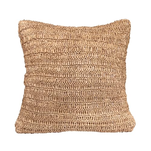 Raffia Hand Knitted Pillow Cover, 18x18 – Boho Decorative Cushion Cover for Couch, Sofa or Bed, Rustic Natural Throw Pillow Case
