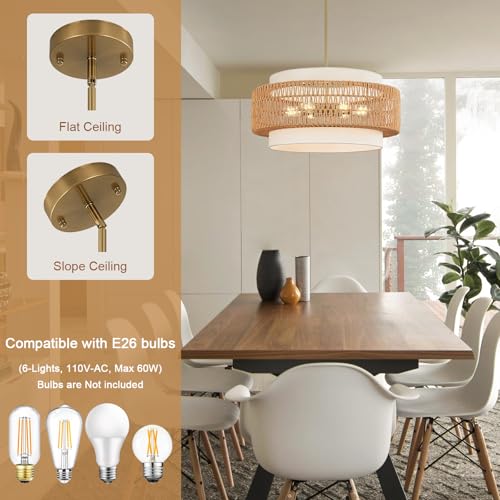 6-Light Boho Rattan Chandelier, 25.6" Large Rattan Pendant Light with Fabric Shade, Farmhouse Hand Woven Chandelier Hanging Ceiling Light for Dining Room, Living Room, Kitchen Island, Foyer, Hallway - size: 25.6" V-shaped weaving