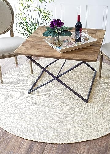 FRELISH DECOR Handwoven Jute Area Rug - Off-White Round Rustic Vintage Braided Reversible Rug - Eco Friendly Rug for Bedroom - Kitchen - Living Room - Farmhouse (7' Round - Off-White) - color: Off-white, size: 7' (Round)