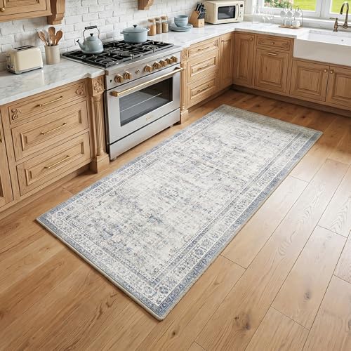 FMFUNCTEX 2x6 Hallway Runner Rug Blue Neutral Vintage Washable Distressed Non Slip Low Pile Oriental Indoor Carpet Soft Retro Entryway Rug for Kitchen Laundry Entrance Entry Living Room Bedroom - color: Blue, size: 2' x 6' (Rectangular)