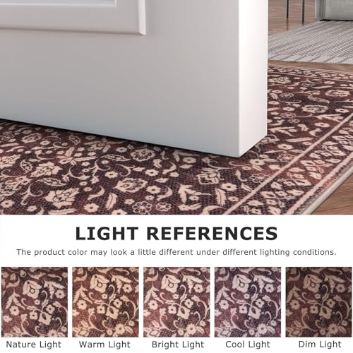 Vintage Entryway Rug Indoor, Burgundy Washable Rug 2x3, Small Area Rug with Non-Slip Backing, Floral Print Thin Faux Wool Super Soft Door Mat for Kitchen, Entrance, Bedroom, Office - color: Warm Burgundy Brown, size: 2' x 3' (Rectangular)