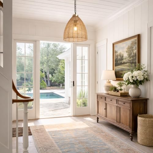 KSANA Boho Rattan Pendant Light, 1-Light Handwoven Wicker Hanging Light, 14" Natural Farmhouse Pendant for Kitchen Island, Dining Room & Entryway - size: 14"