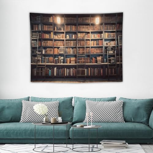 Houselerax Vintage Bookshelf Tapestry Retro Library Wall Hanging Tapestries,Old Books on Shelf Classical Study Room Student Study College Dorm Bedroom Living Room 60"x40"inch - color: Bookshelf-10, size: W60xL40in