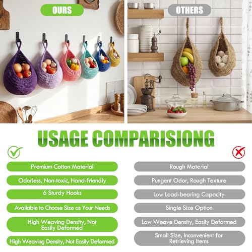 Honeydak 6 Pack Boho Hanging Wall Baskets for Kitchen, Teardrop Hanging Fruit Vegetable Basket with 6 Hooks, Cute Onion Storage Net for Camper, Bathroom, Entryway, Nursery, 6 Size(Mixed Bright Colors) - color: Mixed Bright Color