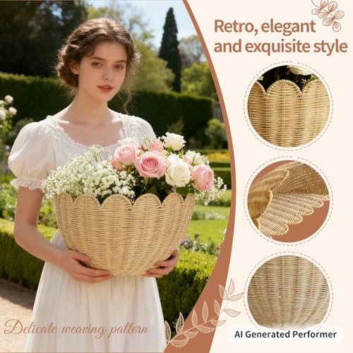 Scalloped Wicker Wall Basket - Rattan Hanging Storage Organizer, Decorative Basket for Nursery, Bathroom, Front Door, 16"×10"×7", Perfect for Flowers, Mail, Toys