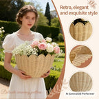 Scalloped Wicker Wall Basket - Rattan Hanging Storage Organizer, Decorative Basket for Nursery, Bathroom, Front Door, 16"×10"×7", Perfect for Flowers, Mail, Toys