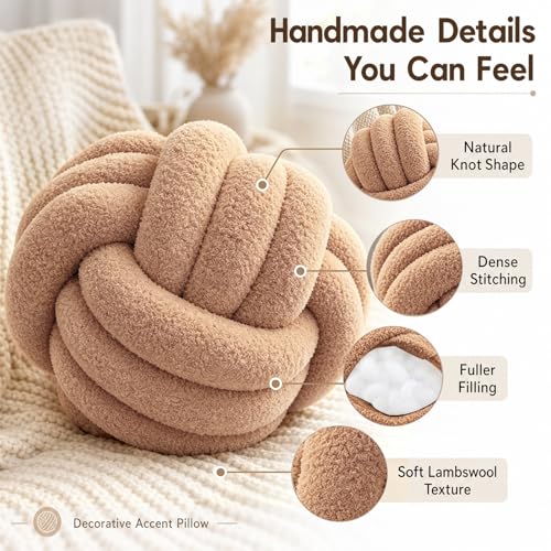 Petrella Khaki Knot Pillow Ball, Handmade Soft Lambswool Round Throw Pillow for Chair, Couch and Earth Tone Room Decor, Small Decorative Pillows, Knotted Accent Cushion, 8 Inch - color: Khaki, size: 8inch