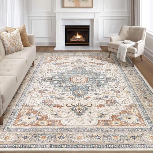 8x10 Area Rugs Living Room: Washable Boho Large Neutral Vintage Soft Rug Stain Resistant Distressed Farmhouse Non-Slip Indoor Floor Carpet for Bedroom Nursery Kids Office Dining Room- Beige Blue - color: Beige Blue, size: 8' x 10' (Rectangular)