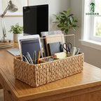 Water Hyacinth Woven Storage Basket with 5 Compartments – Divided Wicker Organizer Tray with Thin Foldable Handle for Kitchen Countertop, Bathroom, Office Desk, Dining Caddy. Natural Chunky Weave