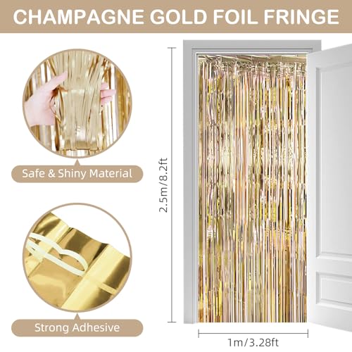 30 Pack Champagne Gold Foil Fringe Curtain Backdrop, 3.3x8.2 Feet Metallic Tinsel Streamer Curtains Photo Booth Props for Engagement/Wedding/Bridal Shower/New Year/Valentine's Day Party Decorations - color: Champagne Gold