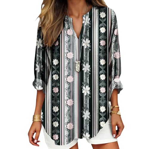 Women's 3/4 Sleeves V Neck Blouses Southwestern Tribal Stripe Serape Colorful Print Plus Size Resort Casual Outfit - color: Black White, size: 3X-Large