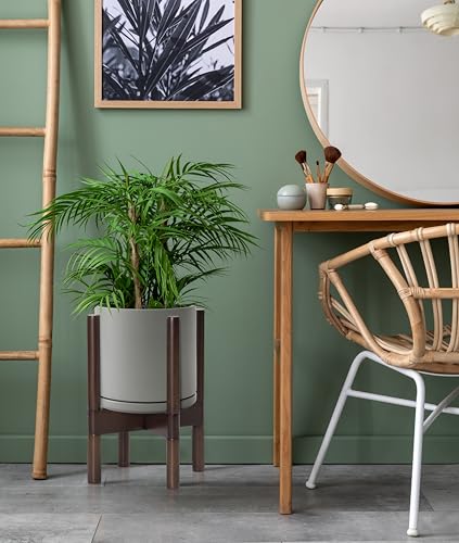 D'vine Dev Ceramic Planter with Walnut Color Stand - 8 Inch Modern Round Flower Pot with Wood Planter Holder, Grey, 55-B-Y-3 - color: Grey Pot + Walnut Color Stand, size: 8 Inch