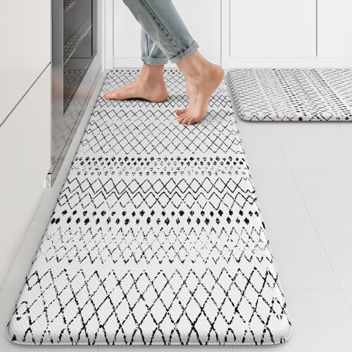 KIMODE Kitchen Mats 2PCS,Cushioned Anti Fatigue Kitchen Rugs and Mats,Non Skid Waterproof Kitchen Mats for Floor,Comfort Foam Standing Mat for Home Decor, Office,Sink,Laundry Room,Desk,Black and White - color: Black and White Diamond, size: 17.3" x 47 "+