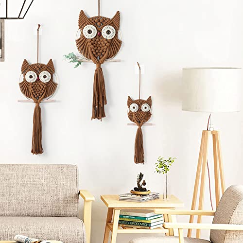 MVSUTA Owl Brown Cotton Handmade Macrame Wall Hanging Tapestry Home Decor Art and Cream Craft Wonderful Decoration Woven Beige Boho Ornament for Office Bedroom Apartment Living Room Nursery - color: Brown, size: 3pcs set:1pc L & 1pc M & 1pc S
